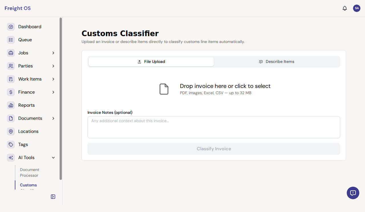 Freight OS Customs Classifier showing invoice upload and automated HS code classification