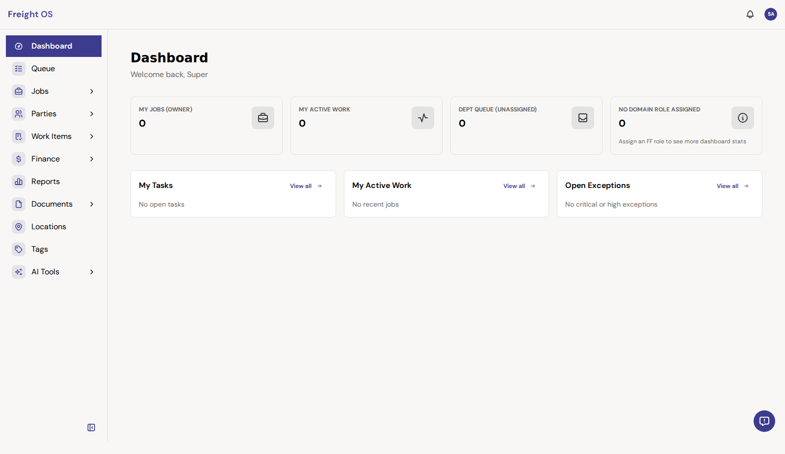 Freight OS dashboard showing job queue, KPI cards and navigation