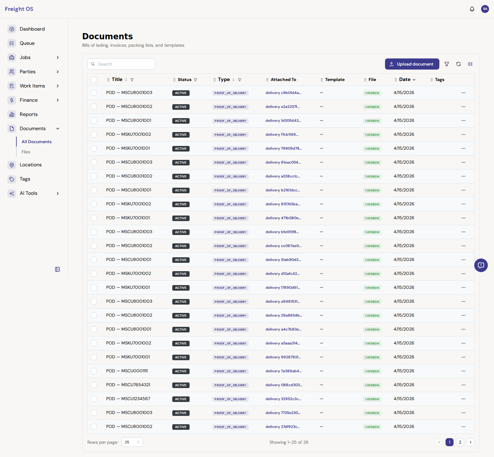 Freight OS documents list showing auto-generated POD, invoice and packing list entries