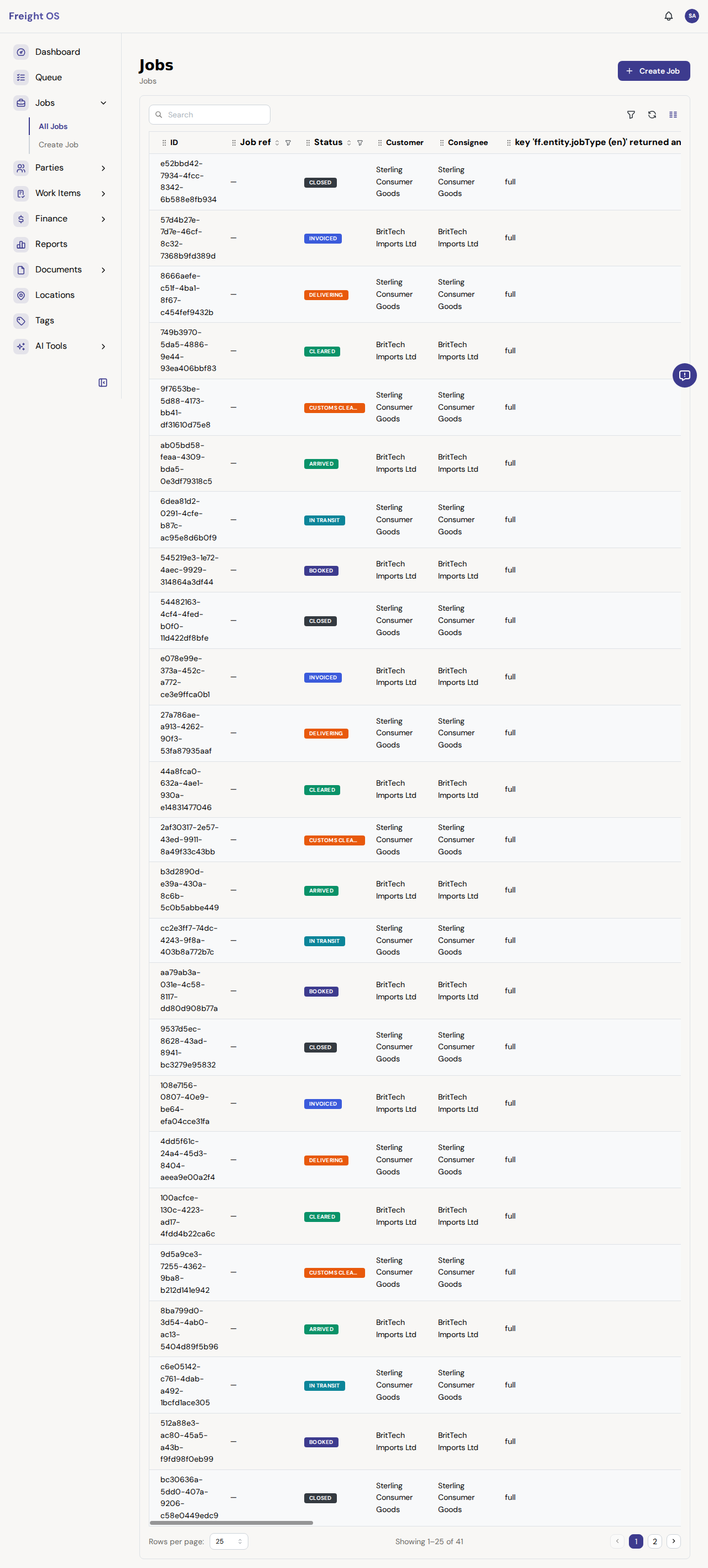 Freight OS job list showing active shipments with status, route, and milestone progress